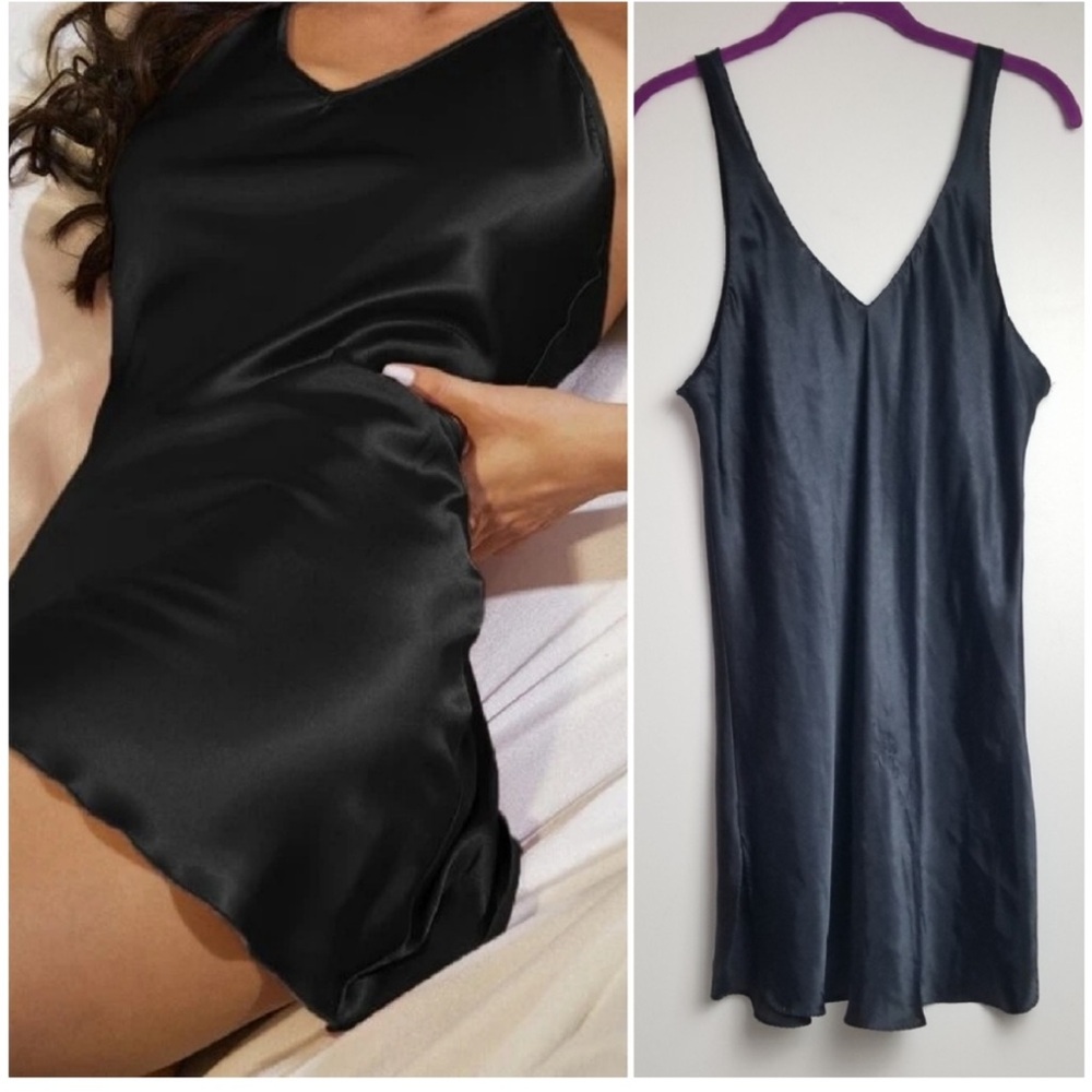 Vintage 1980’s Black Satin Chemise Mini Nightgown, Size M